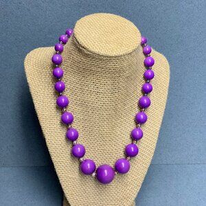 Retro Graduated Bead Necklace 18 In As Is Magenta Purple Round Silver Gold Fun